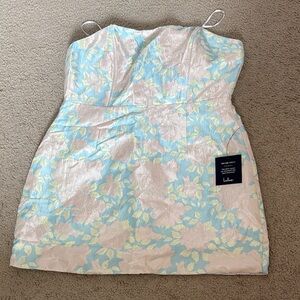 Lulu's Strapless Dress in Blue and Cream